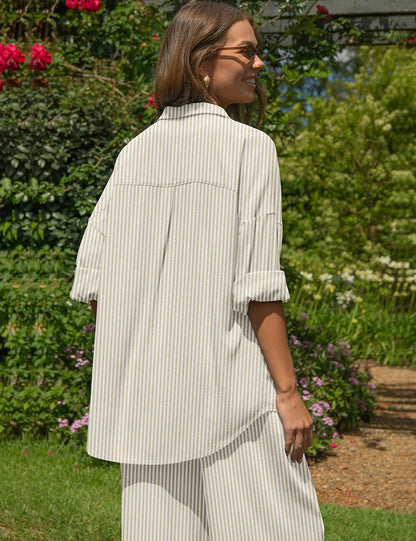 TARSE Womens Linen 2 Piece Outfits Casual Lounge Sets | Long Sleeve, Button Down Shirt and Wide Leg Pants, loose fit linen, vacation outfits with Pockets