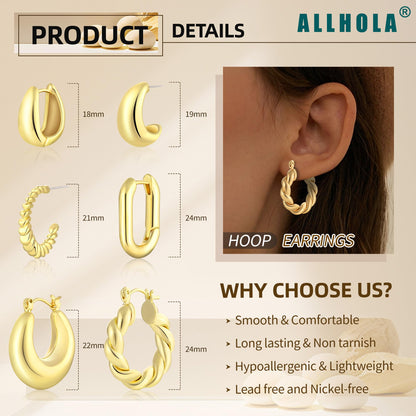 ALLHOLA 6 Pairs 14K Gold Plated Hoop Earrings for Women Trendy Chunky Lightweight Hoop Earrings Multipack Hypoallergenic, Thick Twisted Huggie Hoops Earring Set Jewelry for Gifts