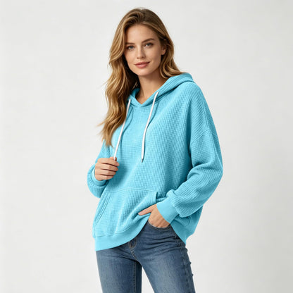 Women Casual Waffle Grid Textured Pullover Hoodie Contrast Drawstring Pocket Loose Long Sleeve Sweatshirts