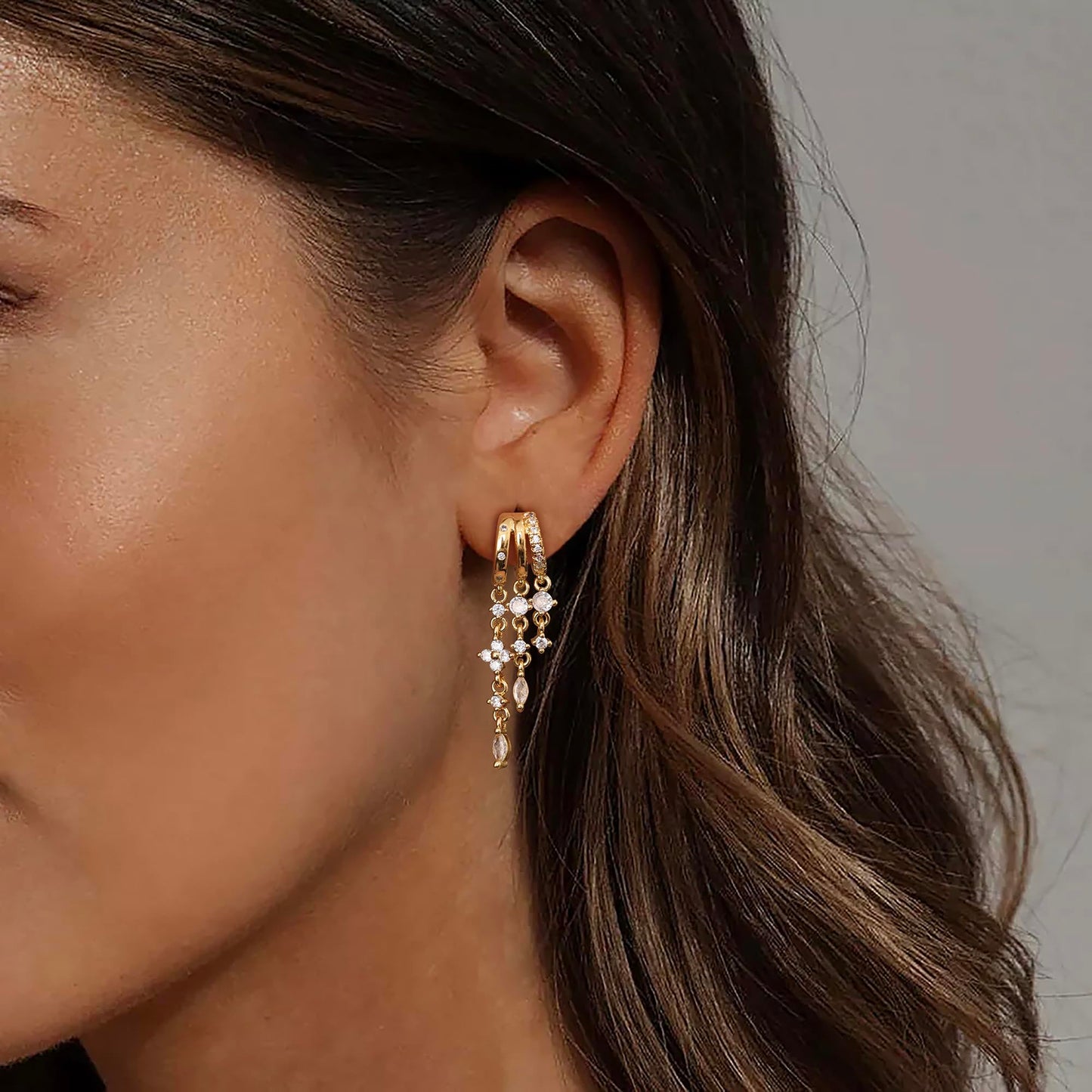Gold Dangle Earrings for Women,Dainty 14K Gold Plated Triple Huggie Hoop Earrings Cute Statement Drop Earrings for Women Trendy Hypoallergenic CZ Gold Earrings Non Tarnish Wedding Prom Jewelry