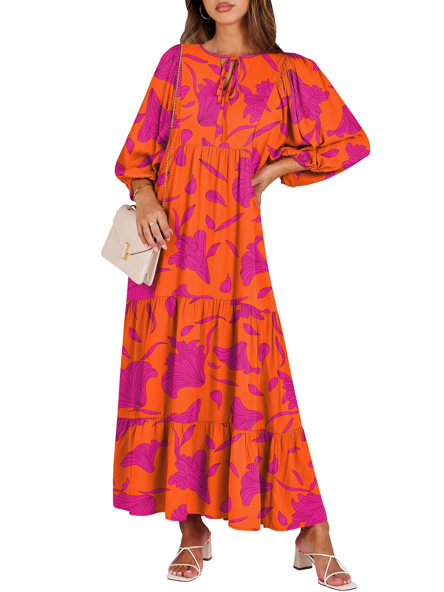 ANRABESS Womens Boho Floral 3/4 Puff Sleeve Maxi Dress | Tiered Flowy Loose Fit, Comfy Soft Rayon Fabric, Wedding Guest Church Beach, Modest Elegant, Spring Summer Fall Outfits