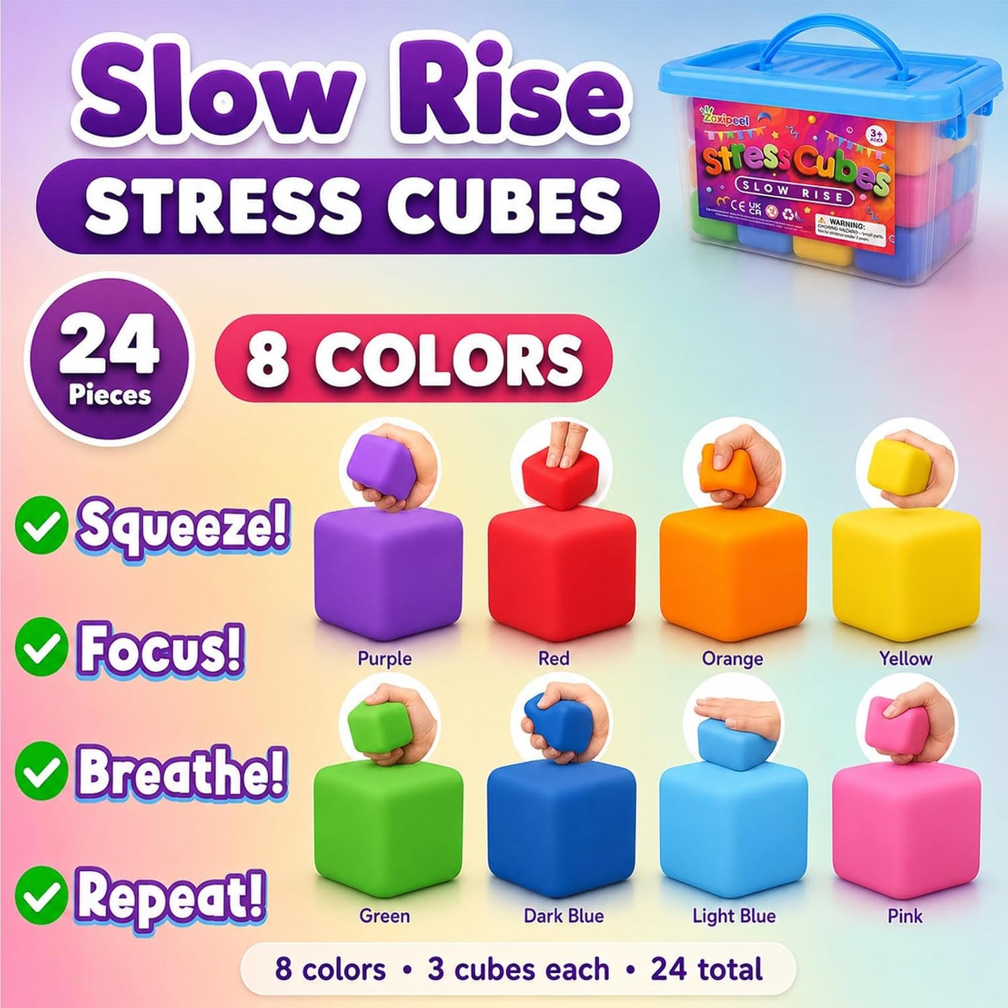 24 Pack Slow Rising Stress Cube, Large Size Dough Stress Balls Fidget Toys for Stress Relief, Pull Stretch Fidgets for Classroom Prize Box Toys, Classroom Reward for Student