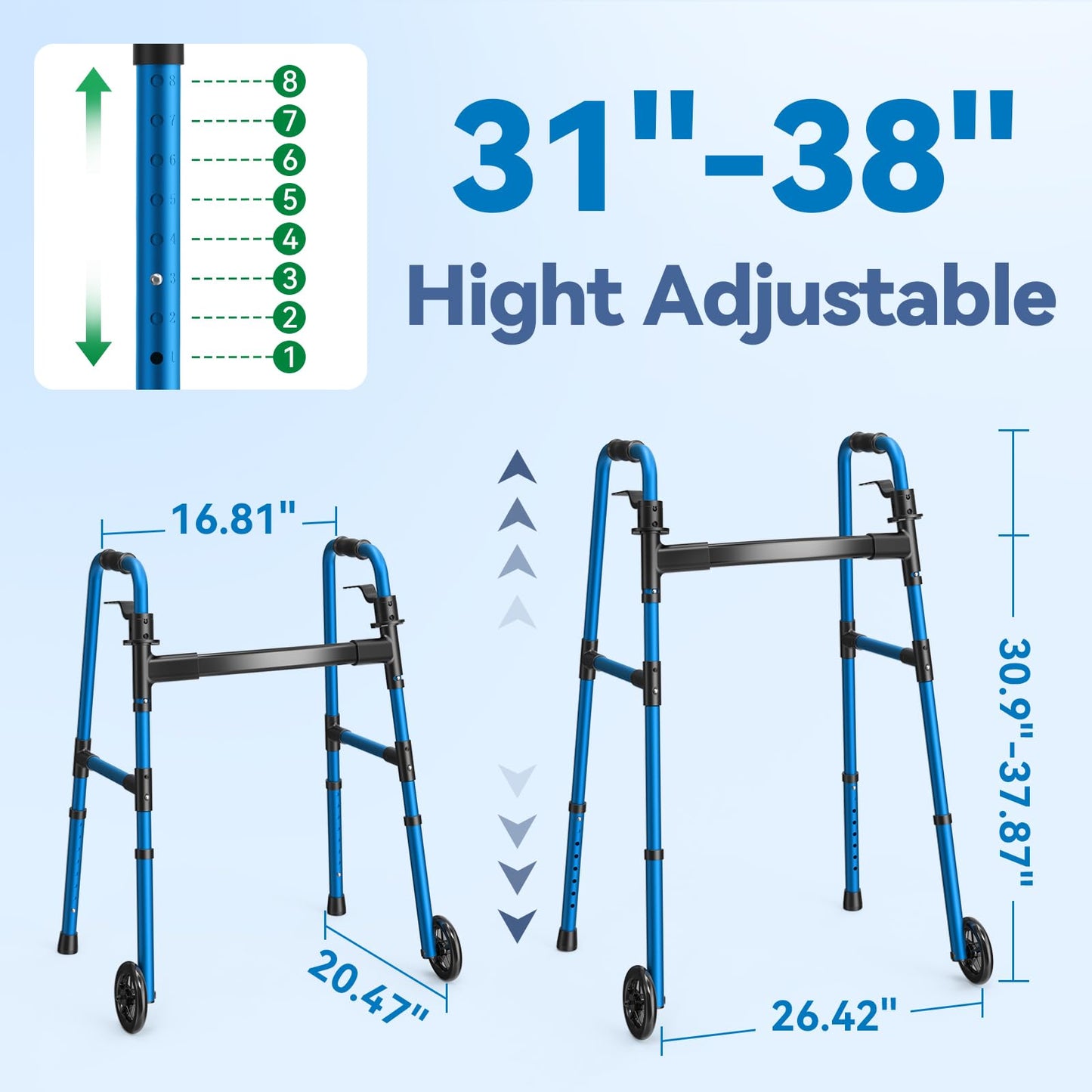 Loyoda Folding Walker with 2 Skis and 5" Wheels, Lightweight Walkers for Seniors and Adults, Supports Up to 350 Pounds, Adjustable Height, Compact Standard Walker, Black