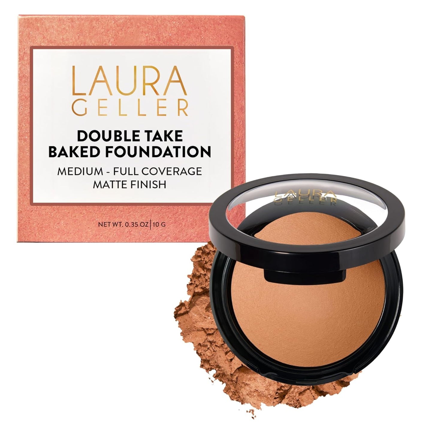 LAURA GELLER NEW YORK Baked Double Take Powder Foundation – Longwear Buildable Medium to Full Coverage – Matte Finish – Non-Caking Formula – Handmade in Italy – Mature & Sensitive Skin – Tan