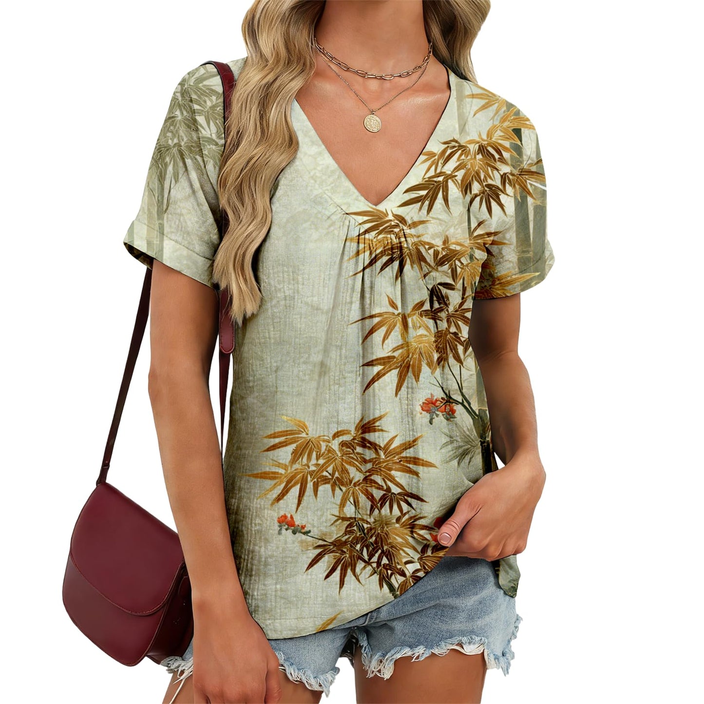 domirica Japanese Print Blouse Women V Neck Short Sleeve Lightweight Breathable Summer Casual Soft Comfy Tops 2026
