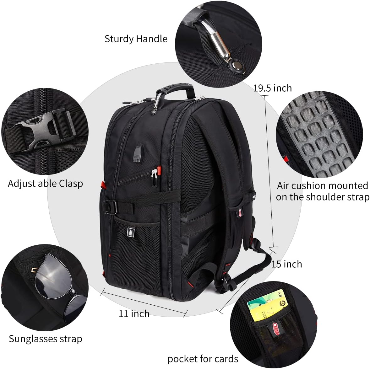 SHRRADOO Extra Large 50L Travel Laptop Backpack with combination lock,High School College Backpack Airline Approved Business Work Bag Fit 17 Inch Laptops for Men Women,Black