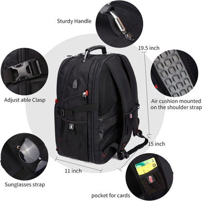 SHRRADOO Extra Large 50L Travel Laptop Backpack with combination lock,High School College Backpack Airline Approved Business Work Bag Fit 17 Inch Laptops for Men Women,Black