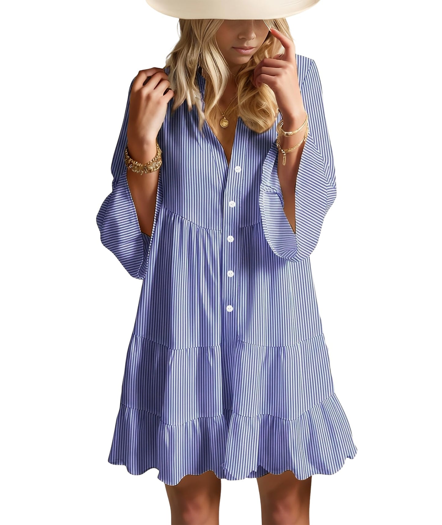 Opemiby Summer Dresses for Women 2026 Flowy Ruffle 3/4 Sleeve V Neck Tiered Casual Babydoll Boho Beach Mini Dress