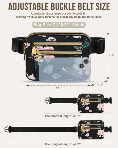 Capolo Fanny Packs for Women Fashion Waist Packs Bag with Adjustable Strap and 4 Zipper Pockets Waterproof Everywhere Crossbody Belt Bag for Workout Running Travelling(Black)