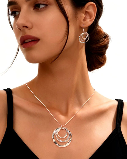Hypoallergenic Silver Circle & Dangle Earrings and Necklace Set for Women Geometric Boho Style Hoop Jewelry for Women-Lightweight & Dangling-Gift for Bohemian Fashionistas