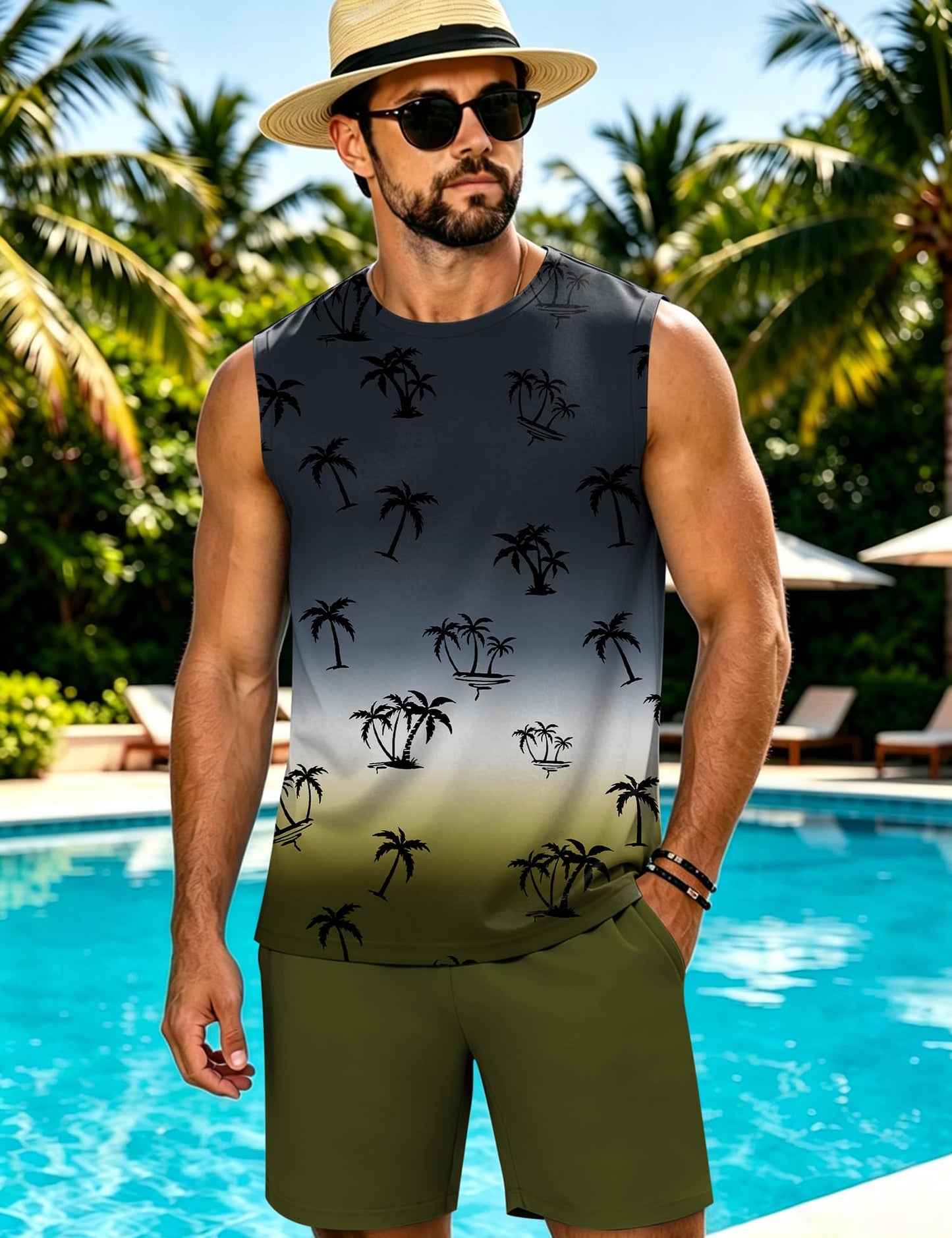 LecGee Men's 2 Piece Hawaiian Tank Tops Tropical Floral Beach Sleeveless Round neck T-shirt Casual Daily Beach Summer