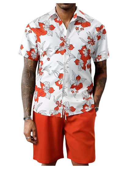 GORGLITTER Men's Vacation Beach Cruise Summer Outfits 2 Piece Shorts Set Hawaiian Button Down Shirt and Shorts