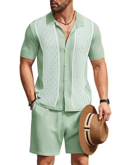 COOFANDY Men's 2 Piece Outfit Vintage Short Sleeve Button Down Knit Polo Shirts Casual Beach Shorts Sets