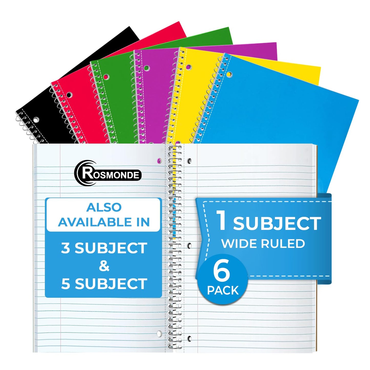Rosmonde Spiral Notebooks, 12 Pack, 1 Subject Notebook, Wide Ruled, 70 Sheets, 8 x 10-1/2", 3 Hole Punched, School Supplies, Bulk Single Subject Spiral Notebook Bulk, Assorted Colors Pack of Notebooks