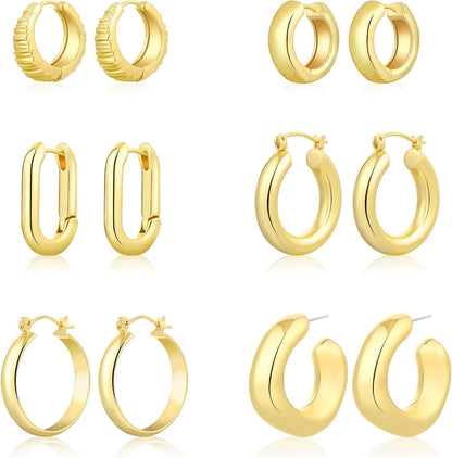 ALLHOLA 6 Pairs 14K Gold Plated Hoop Earrings for Women Trendy Chunky Lightweight Hoop Earrings Multipack Hypoallergenic, Thick Twisted Huggie Hoops Earring Set Jewelry for Gifts