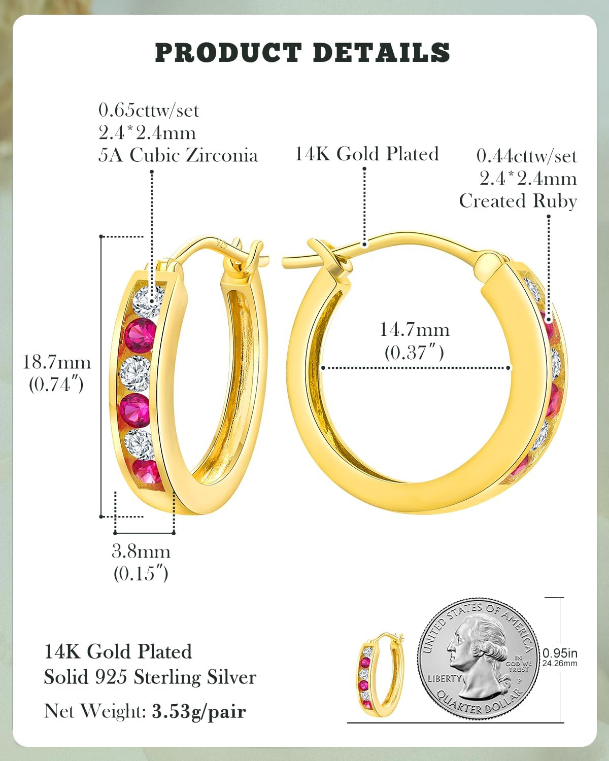 14K Gold Plated/925 Sterling Silver Birthstone Hoop Earrings for Women | 18mm Created Gemstone Hoops,Hypoallergenic and Lightweight,Birthday Mother's Day Jewelry(with Gift Box)