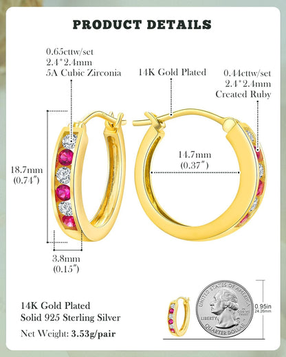 14K Gold Plated/925 Sterling Silver Birthstone Hoop Earrings for Women | 18mm Created Gemstone Hoops,Hypoallergenic and Lightweight,Birthday Mother's Day Jewelry(with Gift Box)