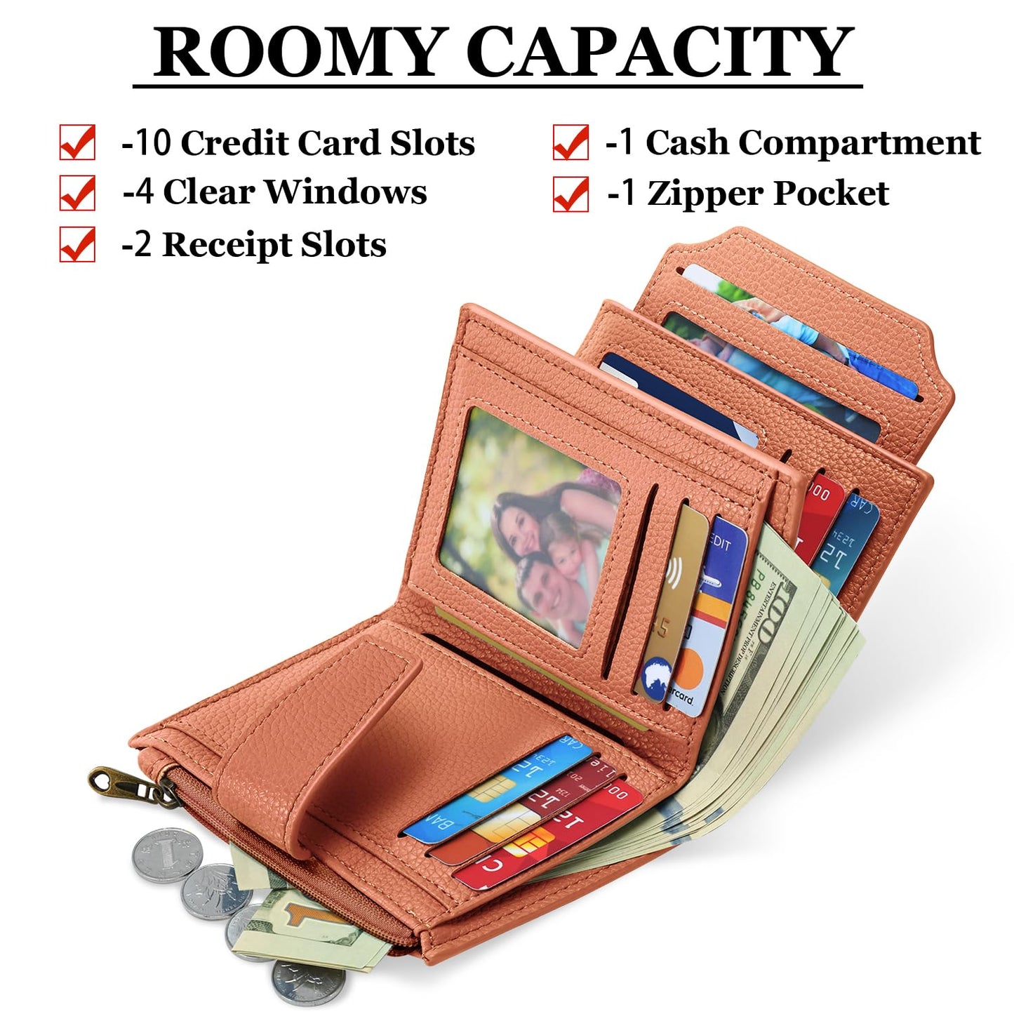 Airkit Small Wallet Women RFID Blocking Soft Leather Bifold Compact Card Holder Wallet for Women with Zipper Coin Pocket 4 ID Window