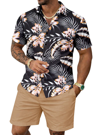 Yoimira Men's Summer Outfits 2 Piece Short Sets Hawaiian Floral Button Down Shirt and Shorts Vacation Beach Cruise Set