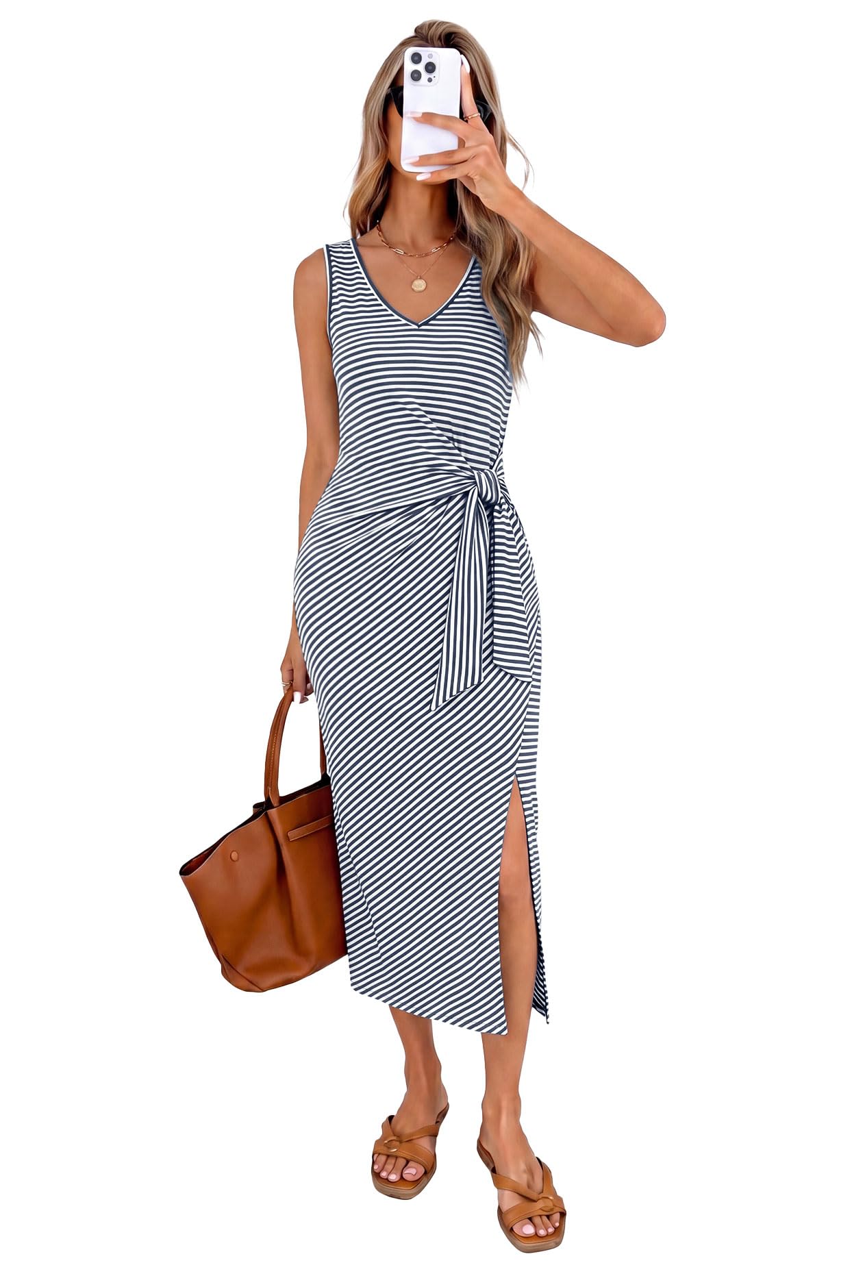 OFEEFAN Summer Dresses for Women 2026 V Neck Sleeveless Casual Dress Elegant Work Long Midi Dresses for Women Tie Waist