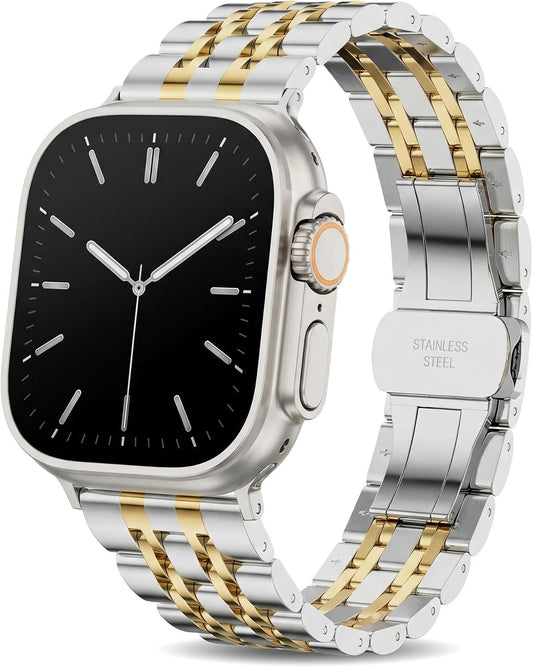 Seven Band Solid Stainless Steel for Apple Watch for Women | Compatible with Apple Watch Band 42mm/41mm/40mm/38mm, Metal Strap for Iwatch Series 11-1/SE 1-3 Women and Men, Gold Silver.