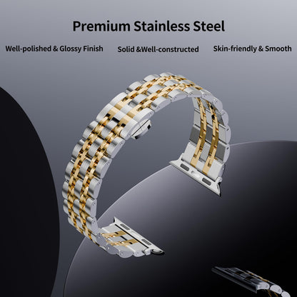 Seven Band Solid Stainless Steel for Apple Watch for Women | Compatible with Apple Watch Band 42mm/41mm/40mm/38mm, Metal Strap for Iwatch Series 11-1/SE 1-3 Women and Men, Gold Silver.