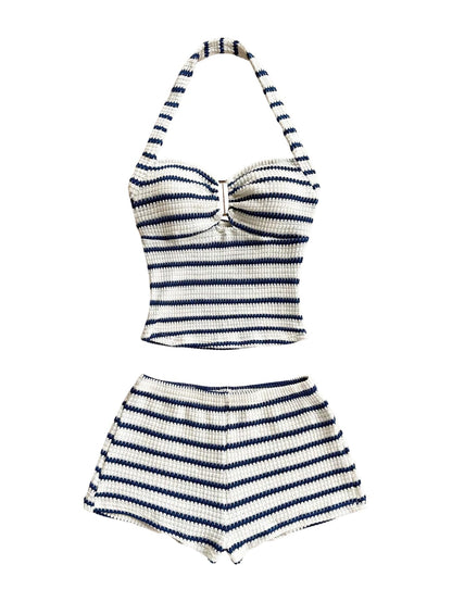 SOLY HUX Women's Summer 2 Piece Outfits Striped Crochet Halter Top Mini Shorts Set Beach Vacation Y2K Sets