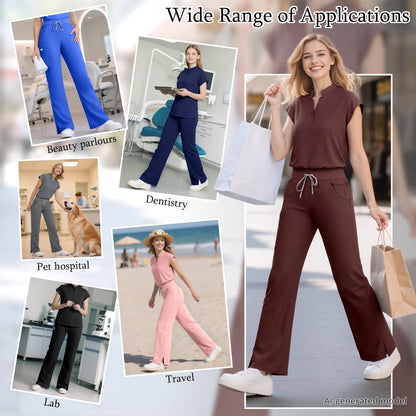 Scrubs for Women Set, Sleeveless 9-Pocket Straight Leg Yoga Waist | Stand-up collar top, straight leg pants side slits. Soft stretch knit. Yoga waist. Wrinkle-free. For nurses/docs/vets.