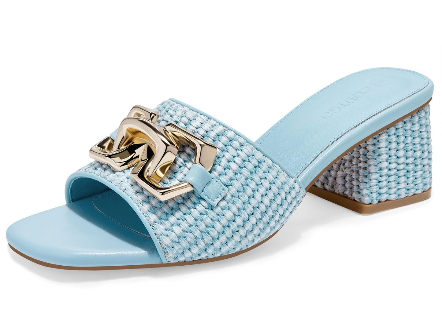 Coutgo Womens Raffia Slide Sandals Chunky Block Heeled Square Open Toe Metal Chain Slip on Mules Dressy Shoes