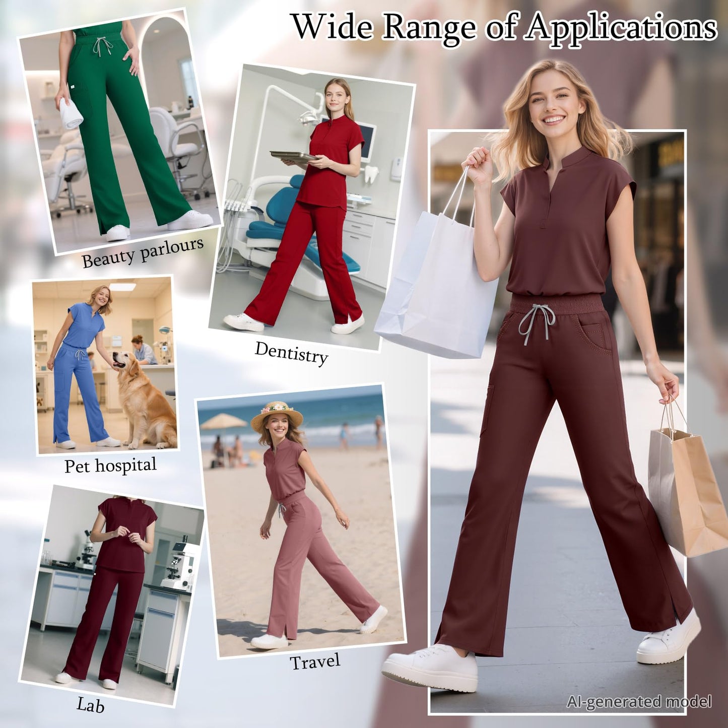 Scrubs for Women Set, Sleeveless 9-Pocket Straight Leg Yoga Waist | Stand-up collar top, straight leg pants side slits. Soft stretch knit. Yoga waist. Wrinkle-free. For nurses/docs/vets.