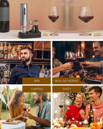 CIRCLE JOY Electric Wine Opener Rechargeable 5-in-1 Stainless Steel Wine Gift Set with Foil Cutter, Wine Aerator Pourer, Wine Drip Ring & Vacuum Stopper, Ideal Gifts for Wine Lovers, Silver