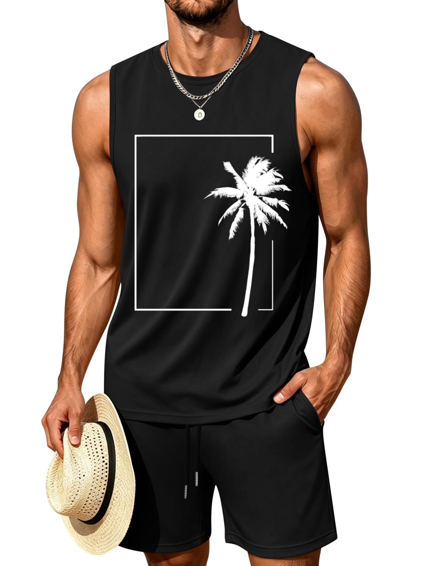 LecGee Men's 2 Piece Hawaiian Tank Tops Tropical Floral Beach Sleeveless Round neck T-shirt Casual Daily Beach Summer
