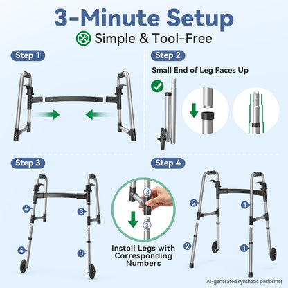 Loyoda Folding Walker with 2 Skis and 5" Wheels, Lightweight Walkers for Seniors and Adults, Supports Up to 350 Pounds, Adjustable Height, Compact Standard Walker, Black