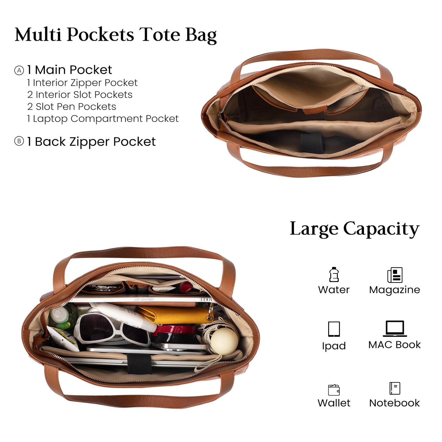 befen Genuine Leather Tote Bag for Women Work, Women's Leather Shoulder Bags Purses Satchel Handbags with Laptop Compartment