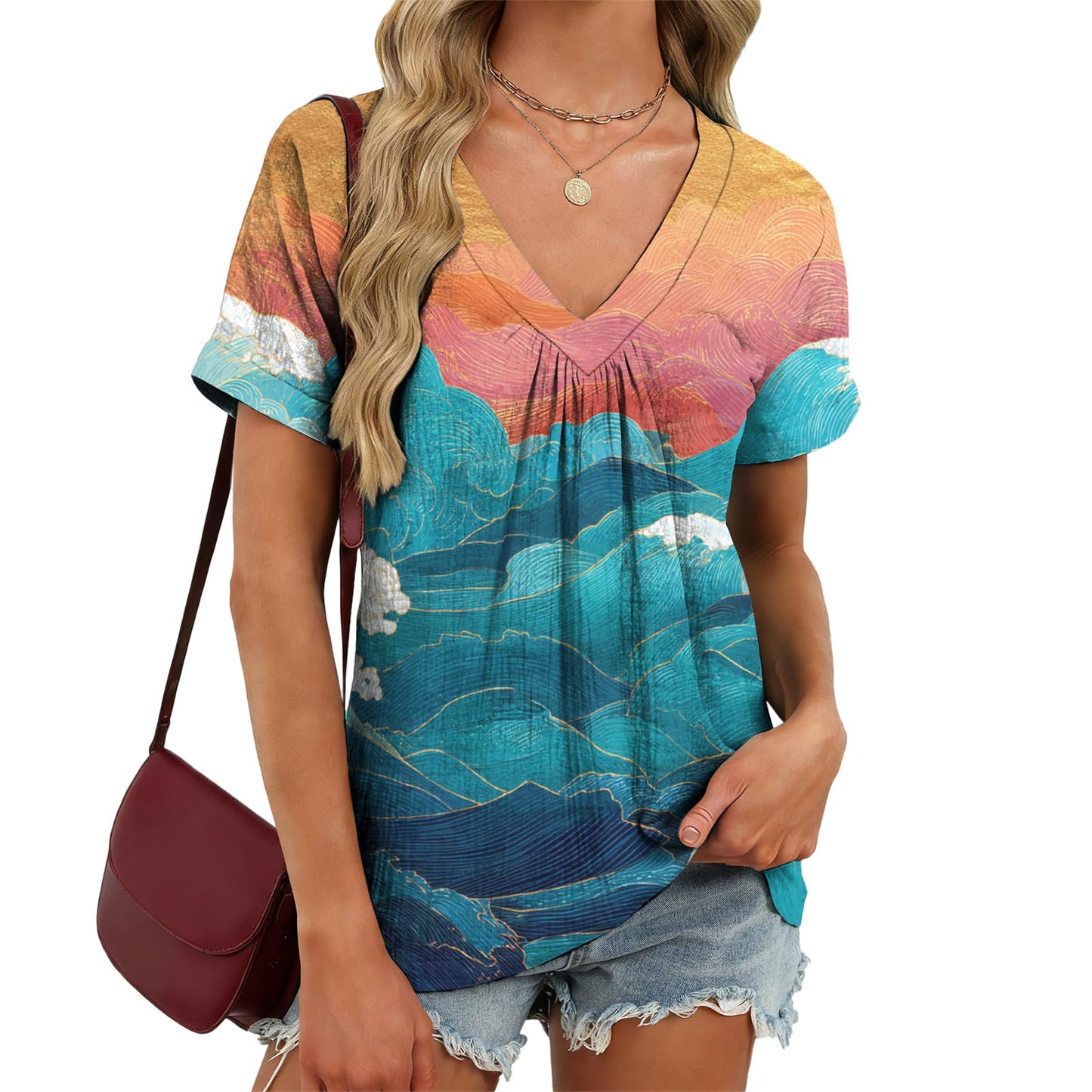 domirica Japanese Print Blouse Women V Neck Short Sleeve Lightweight Breathable Summer Casual Soft Comfy Tops 2026