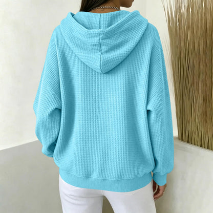 Women Casual Waffle Grid Textured Pullover Hoodie Contrast Drawstring Pocket Loose Long Sleeve Sweatshirts