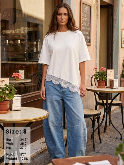 EXLURA Womens Summer Oversized Lace Trim T Shirts 2026 Casual Half Sleeve Asymmetrical Hem Tops Loose Crewneck Tunic Blouse