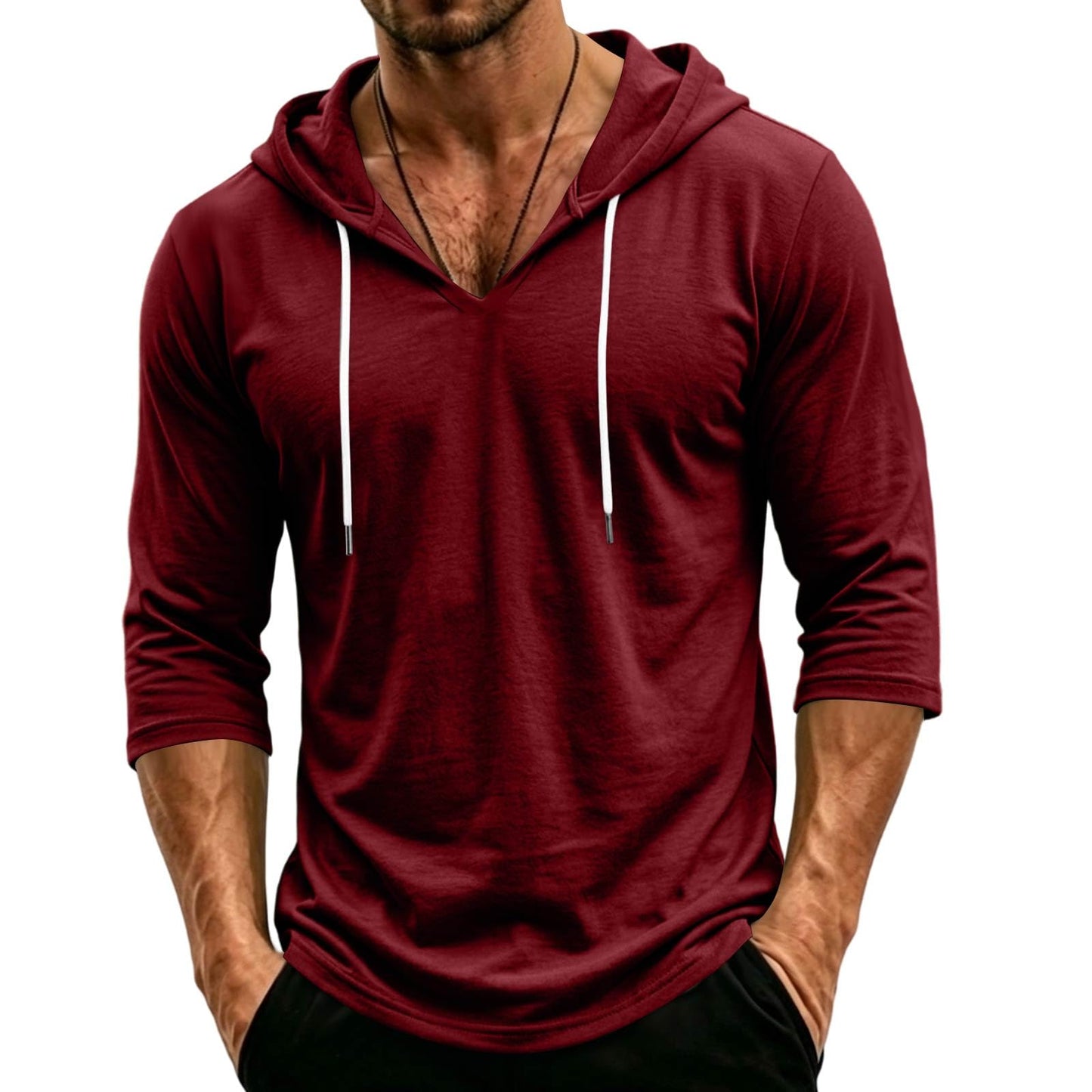 Mens Hooded 3/4 Sleeve Pullover Relaxed Fit Casual Lightweight Comfort Top