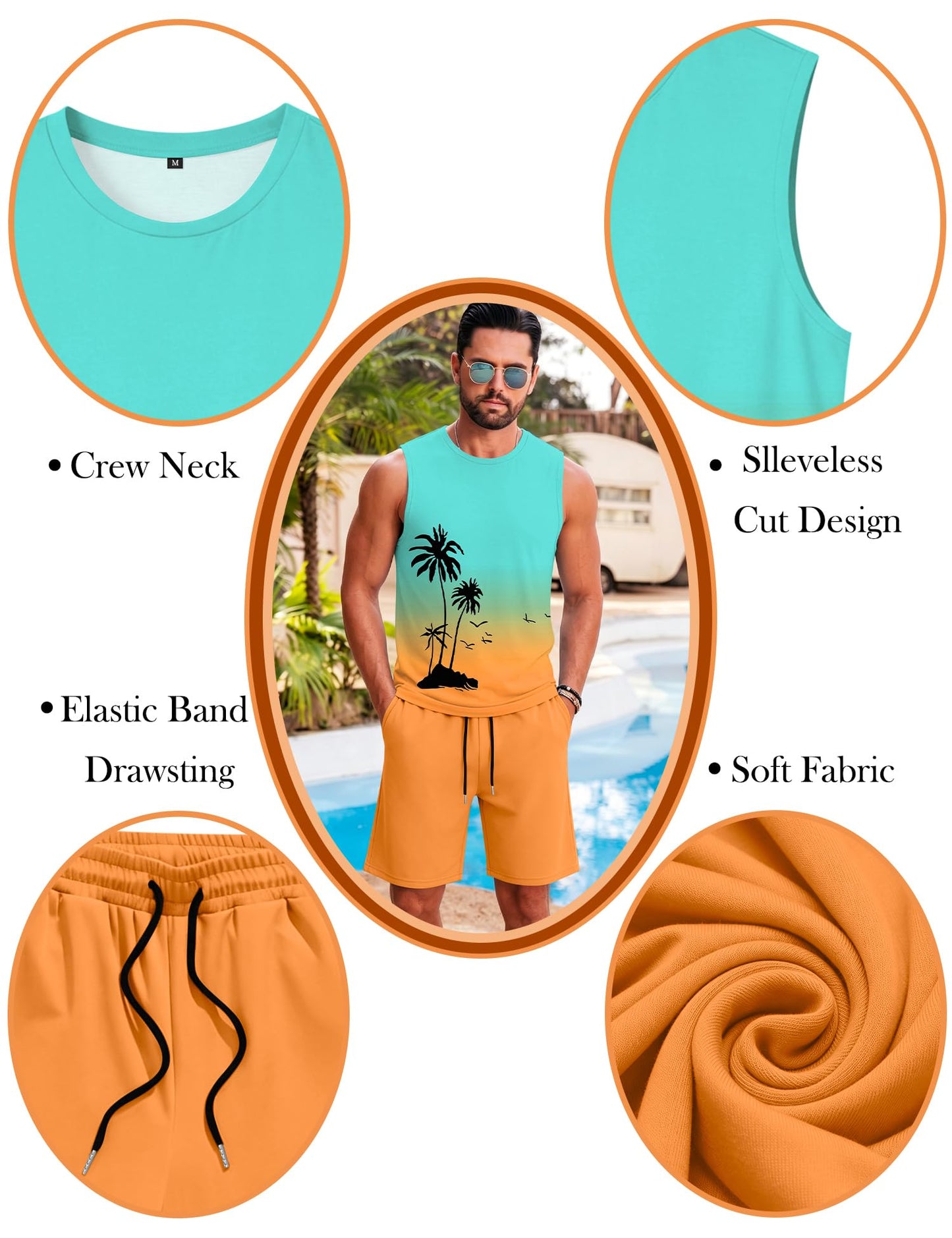 LecGee Men's 2 Piece Hawaiian Tank Tops Tropical Floral Beach Sleeveless Round neck T-shirt Casual Daily Beach Summer