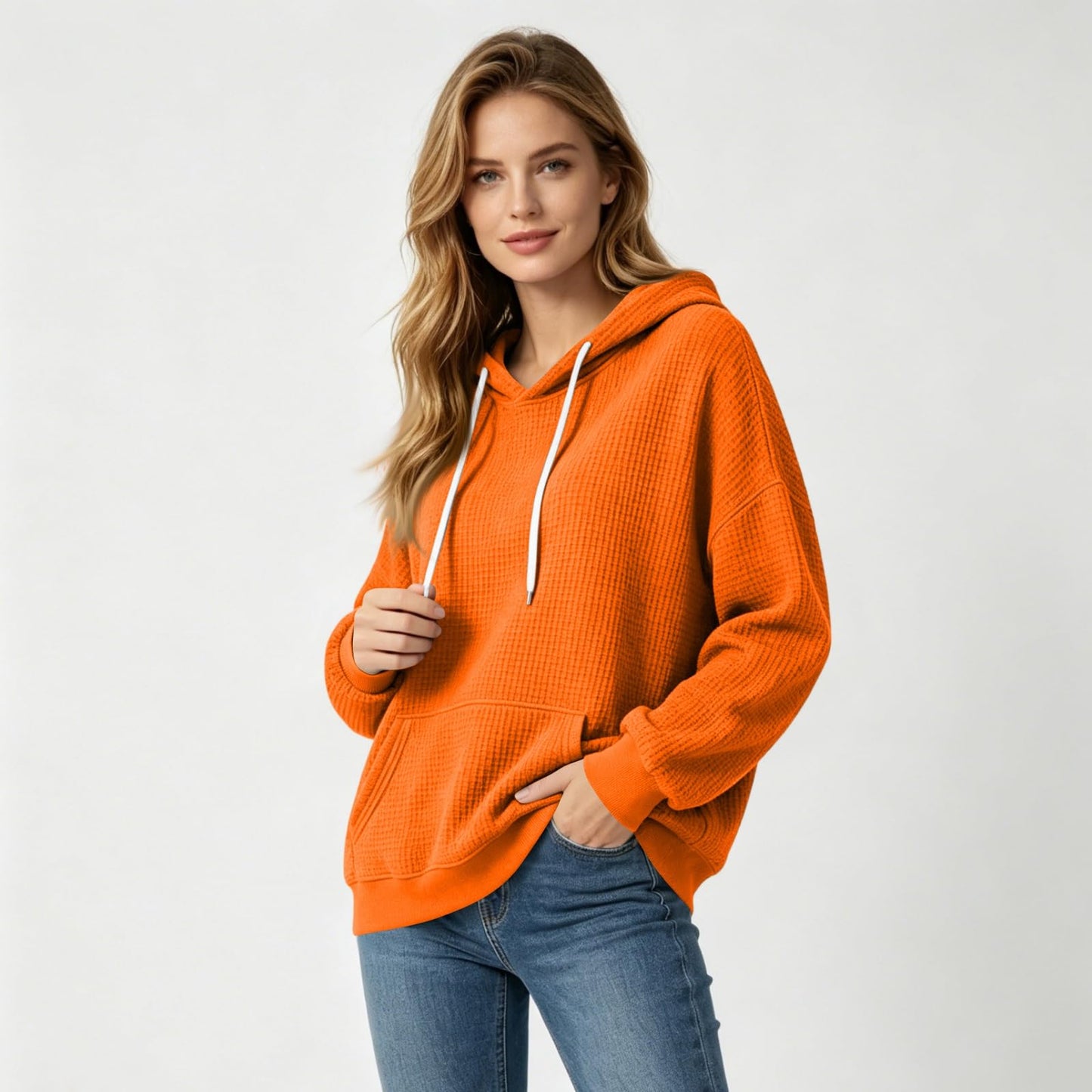 Women Casual Waffle Grid Textured Pullover Hoodie Contrast Drawstring Pocket Loose Long Sleeve Sweatshirts