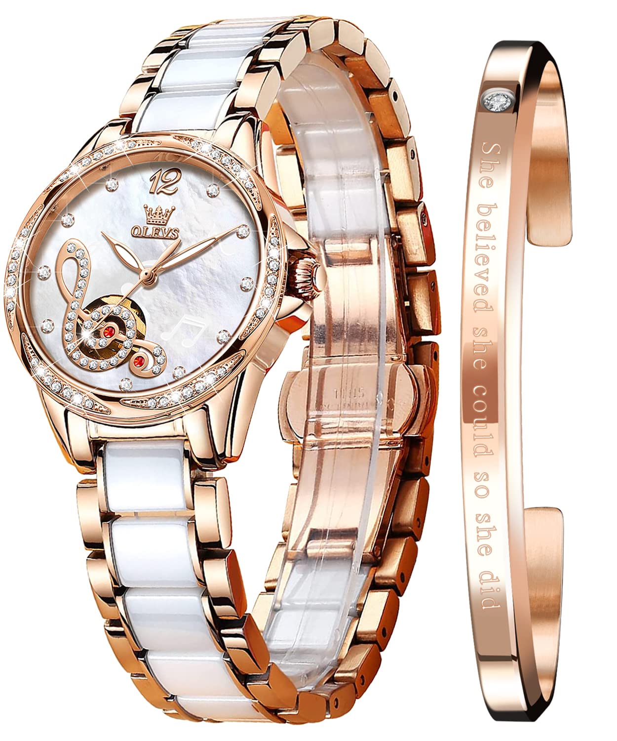 OLEVS Automatic Watches for Women Rose Gold Fashion Diamond Dress Ladies Wrist Watch Self Winding Mechanical Two Tone Ceramic Band Waterproof