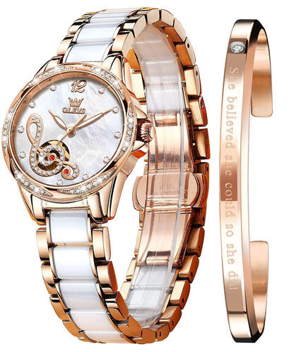 OLEVS Automatic Watches for Women Rose Gold Fashion Diamond Dress Ladies Wrist Watch Self Winding Mechanical Two Tone Ceramic Band Waterproof
