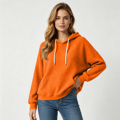Women Casual Waffle Grid Textured Pullover Hoodie Contrast Drawstring Pocket Loose Long Sleeve Sweatshirts