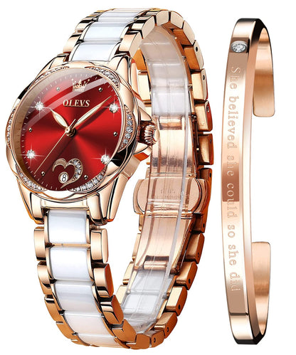 OLEVS Automatic Watches for Women Rose Gold Fashion Diamond Dress Ladies Wrist Watch Self Winding Mechanical Two Tone Ceramic Band Waterproof