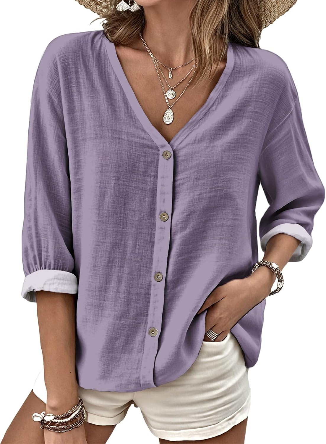 MARSVOVO V Neck Shirts for Women Lightweight Decorative Button 3/4 Sleeve Blouses Comfy Casual Business Flowy Top