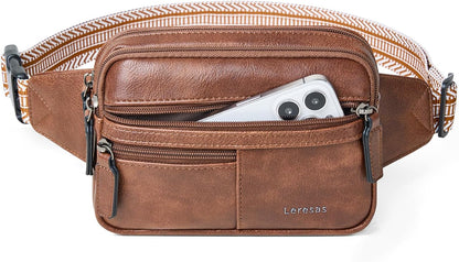 Leresas Fanny Packs for Women Vegan Leather Belt Bag Chic Cross Body Waist Pack Waist Purse for Travel Hiking Running Brown
