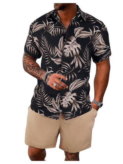 GORGLITTER Men's Vacation Beach Cruise Summer Outfits 2 Piece Shorts Set Hawaiian Button Down Shirt and Shorts
