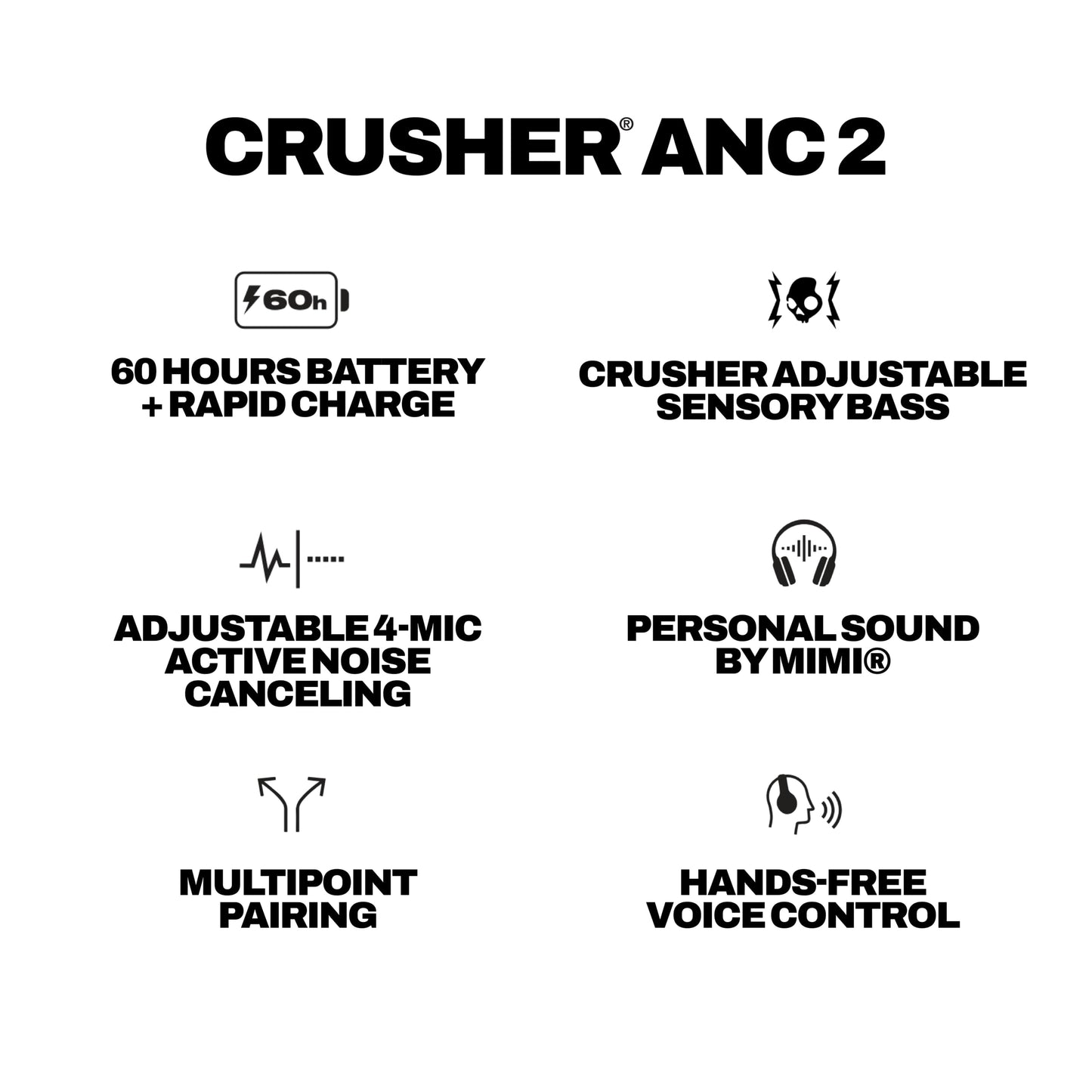 Skullcandy Crusher ANC 2 Noise Cancelling Wireless Headphones - True Black | Multi-Sensory Crusher Bass, Over-Ear Fit, Bluetooth, 60 Hours Battery, Working Out, Gym, Travel, Studying, Music, Gaming