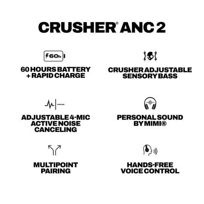 Skullcandy Crusher ANC 2 Noise Cancelling Wireless Headphones - True Black | Multi-Sensory Crusher Bass, Over-Ear Fit, Bluetooth, 60 Hours Battery, Working Out, Gym, Travel, Studying, Music, Gaming