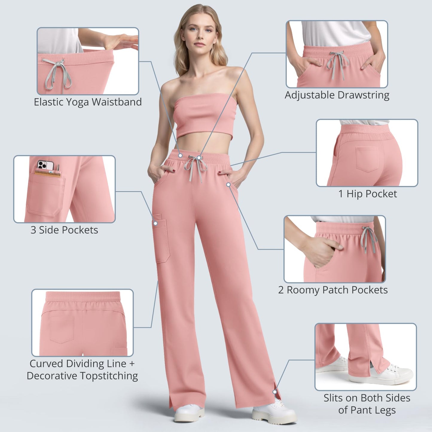 Scrubs for Women Set, Sleeveless 9-Pocket Straight Leg Yoga Waist | Stand-up collar top, straight leg pants side slits. Soft stretch knit. Yoga waist. Wrinkle-free. For nurses/docs/vets.